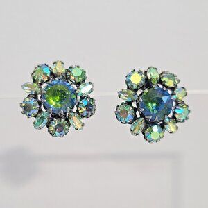 Schreiner New York blue green rivoli rhinestone clip-on earrings donut back rare